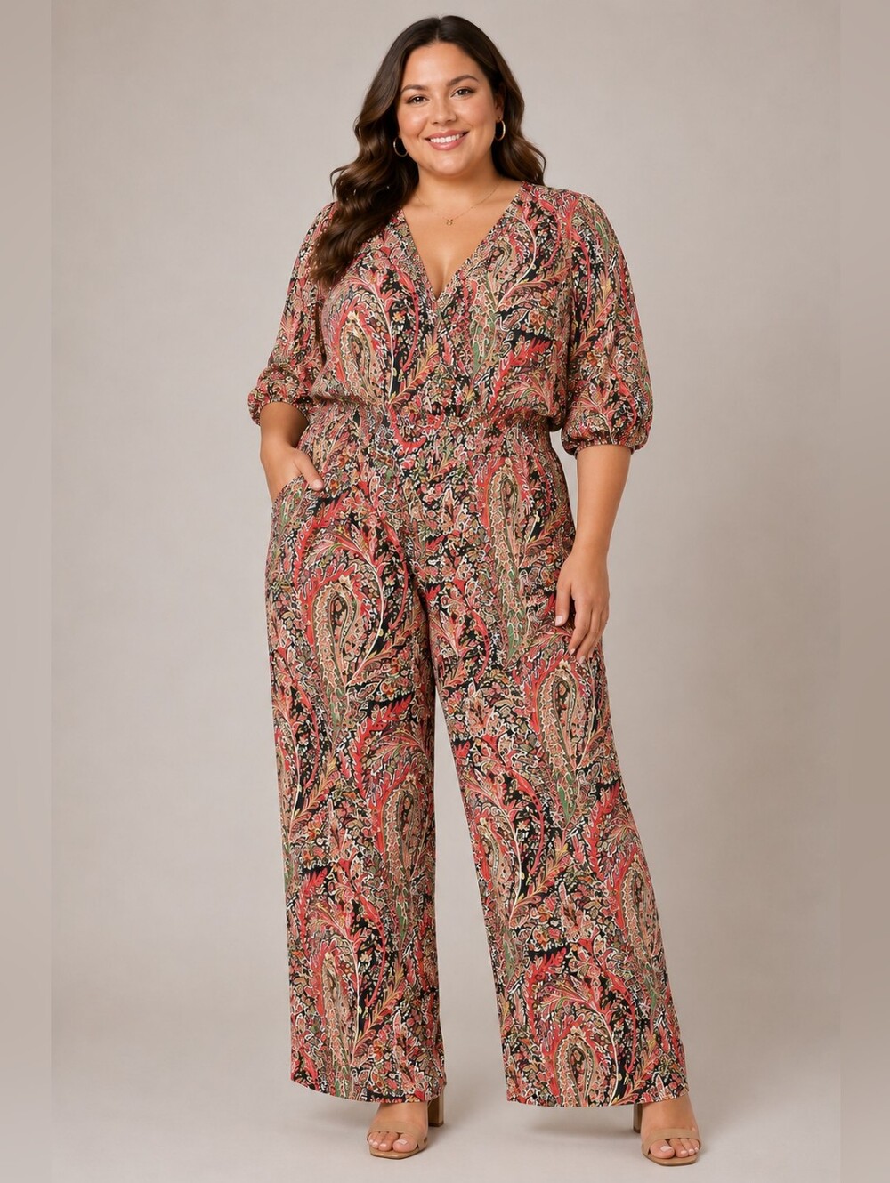 SHEIN 2XL Coral Paisley Plus-Size Wrap Jumpsuit